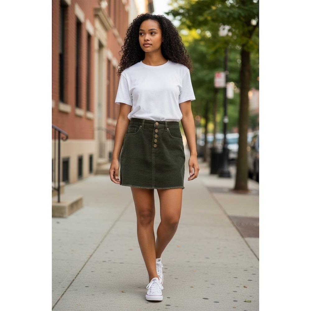 Indigo Rein Skirt Size 7 Olive Green Corduroy Mini Button Front Y2K wide whale‎